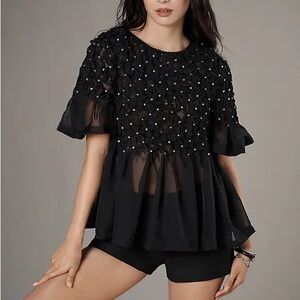 NWT! Anthropologie Maeve (S) Short Sleeve Rhinestone Sheer Babydoll Blouse Black